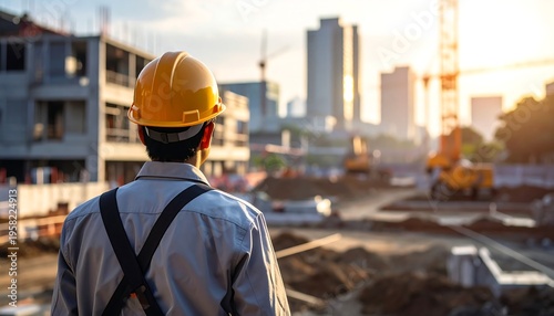 Construction worker in hard hat overseeing a large urban development project at sunset.