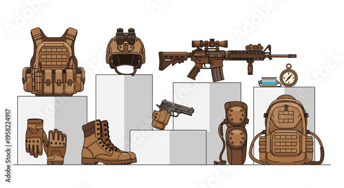 Various pieces of brown tactical military equipment are displayed on white pedestals against a clean white background.