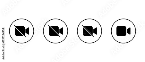 Video call icon set in circular outline. Enable and disable camera record symbol
