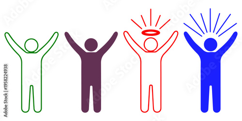 Set of 4 Colorful People Icons with Raised Arms Representing Success, Happiness, and Spiritual Enlightenment Vector isolated on Transparent Background
