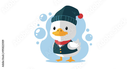 A cartoon duck wearing a dark blue winter hat, red scarf, and vest stands on a light blue shape with bubbles.