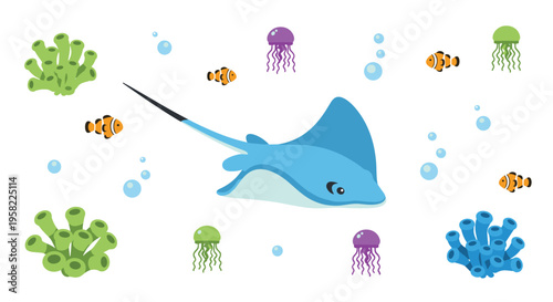 A blue stingray swims among three clownfish, four jellyfish, and three coral formations with bubbles in an underwater scene.