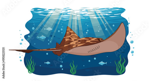A brown patterned stingray glides through a blue underwater environment with sun rays, small fish, and green seaweed.