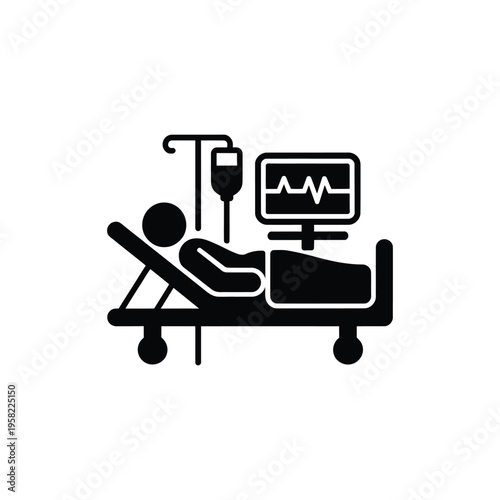 Intensive care unit (ICU) patient silhouette vector with heart rate monitor and IV drip.