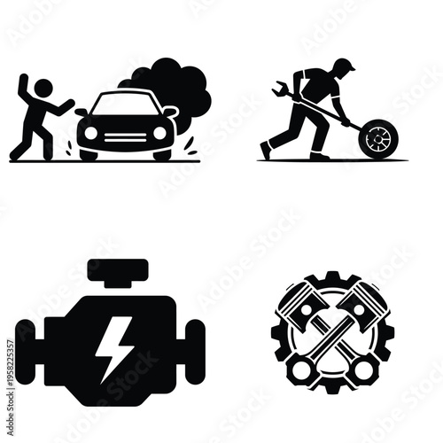 Car repair and breakdown icons set with mechanic fixing wheel engine and vehicle problem