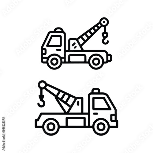 Tow truck and roadside assistance vector icon set in line art style.