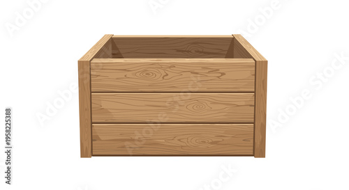 An empty, open, light brown wooden crate with visible wood grain is presented from a frontal perspective.