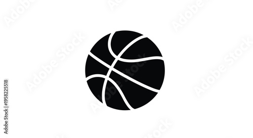 A minimalist black silhouette of a basketball with its characteristic seam lines is centered against a stark white background.