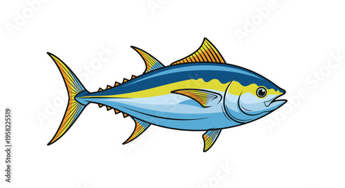 A vibrant cartoon illustration of a tuna fish with bright blue and yellow markings swims horizontally against a clean white background.