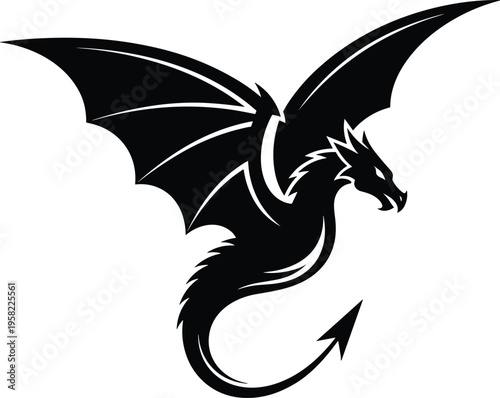 Dragon silhouette icon design, fantasy creature vector artwork, mythical beast illustration graphic, powerful winged symbol, flat vector illustration