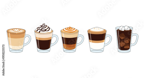 Five clear glass mugs display distinct layered coffee beverages with various toppings arranged in a single row.