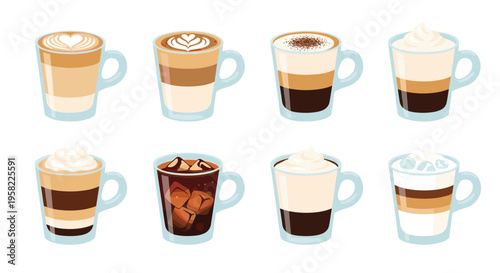 Eight clear glass mugs display distinct layered coffee beverages with various toppings arranged in two rows.