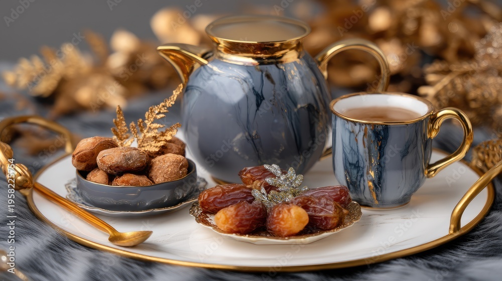 Fototapeta premium Golden coffee pot sits beside Arabic tea set and dates on a tray with crescent moon decoration on a rug during Ramadan time