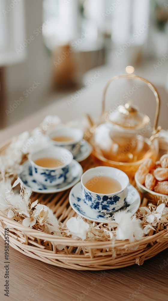 Fototapeta premium Golden coffee pot sits beside Arabic tea set and dates on a tray with crescent moon decoration on a rug during Ramadan time