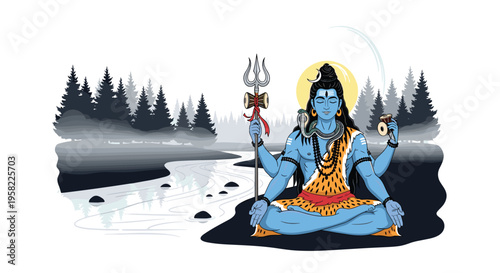 Lord Shiva meditates peacefully by a winding river surrounded by dark pine forests under a subtle sun.
