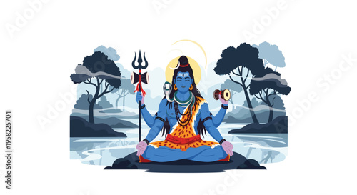 Lord Shiva meditates calmly on a rock by a reflective water body surrounded by stylized dark trees under a subtle sun.