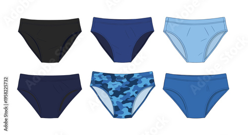 A neat arrangement of six distinct men's briefs, featuring solid colors and a camouflage pattern, is displayed in two rows.
