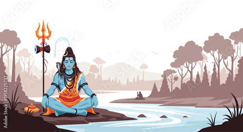 Lord Shiva meditates peacefully by a calm river, adorned with a trident and drum, within a muted natural landscape of trees and hills.