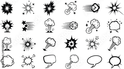 Flat vector comic explosion icons set, dynamic starburst bursts, speech bubbles, black line style, graphic novel storytelling design illustration