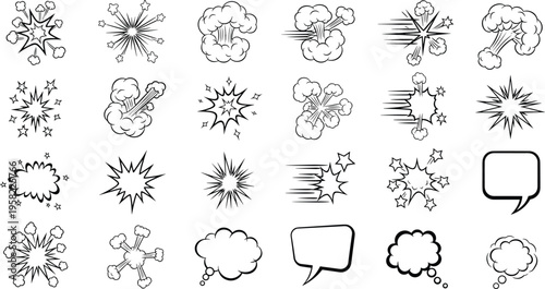 Flat vector comic explosion icons set, dynamic starburst bursts, smoke clouds, speech bubbles, black line style, graphic novel illustration