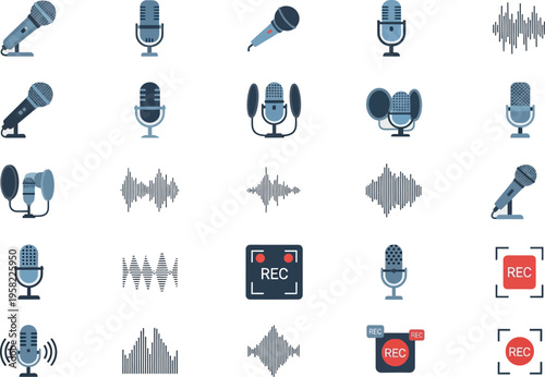 Collection of vintage and modern microphone icons with audio waveforms