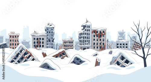 A pixel art snowy cityscape with damaged buildings partially buried in snowdrifts and a bare tree.