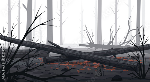 A pixel art burnt forest scene with fallen tree trunks and bare branches on a misty grey background.