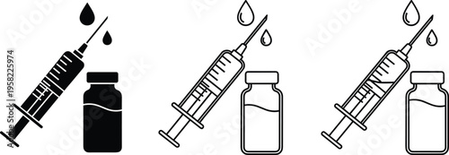 Medical syringe and vial icon set, vaccination symbol, healthcare injection illustration, immunization design, medicine treatment artwork, hospital safety concept inspiration