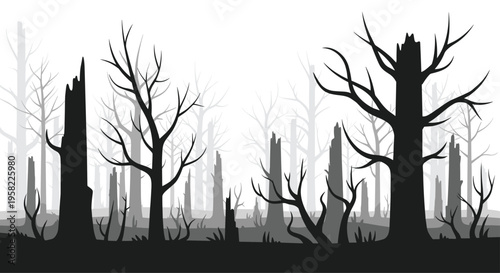 A pixel art burnt forest scene with numerous bare tree trunks and broken branches standing on a grey background.