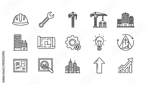 Industrial development construction outline icon set vector