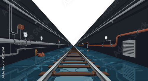A dark, industrial underground tunnel with railway tracks leads towards a bright light, flanked by pipes and gauges in blue water.