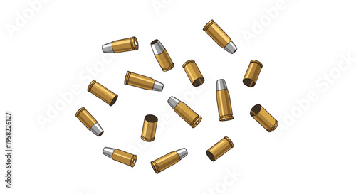 Multiple live bullets with brass casings and silver tips are scattered randomly across a clean white background.