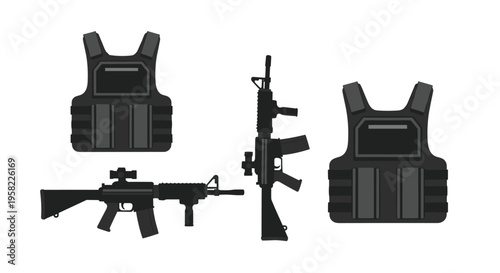 Two black bulletproof vests and two black assault rifles are arranged on a clean white background in pixel art style.