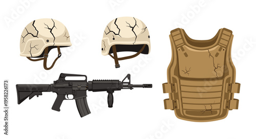Two cracked tan military helmets and a matching bulletproof vest are displayed with a black assault rifle on a white background.