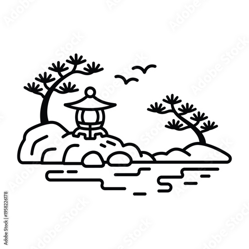 Japanese garden with stone lantern bonsai trees and pond peaceful landscape outline