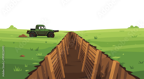 A pixel art military trench with wooden supports stretches into the distance while a green pickup truck sits on a grassy field.