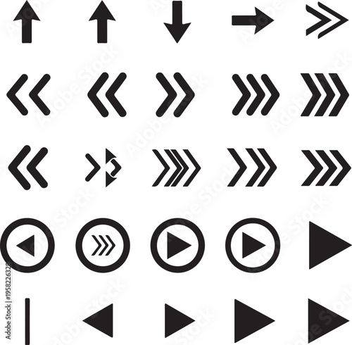 A collection of diverse arrow and media control icons in black and white
