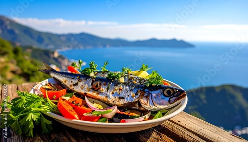 Delicious Grilled Fish Dish with Fresh Vegetables and Scenic Ocean View.