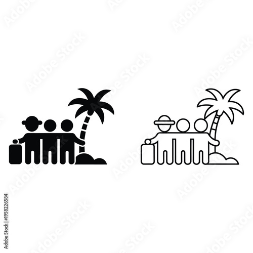 Travel group on tropical island silhouette and line art icon set.