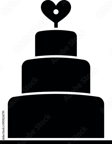 A simple black and white illustration of a three tiered wedding cake