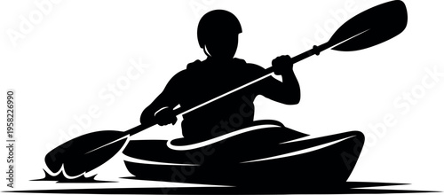 Silhouette of a kayaker paddling on the water in black and white