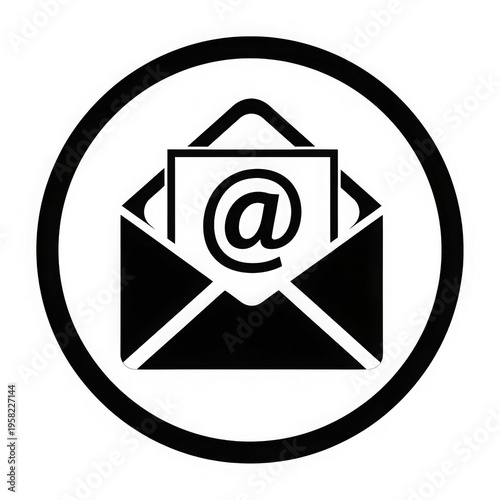 Black and white icon of an envelope with an at sign inside isolated on transparent background