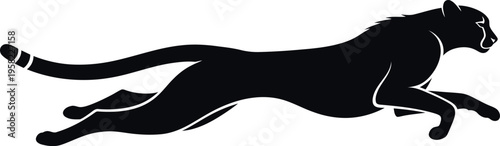 A sleek black silhouette of a cheetah mid stride in a powerful run