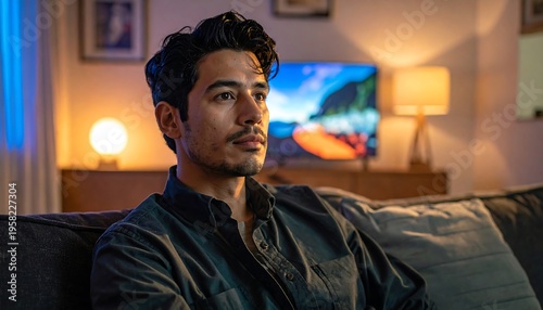 Man Relaxing on Sofa Watching Television in Modern Living Room.