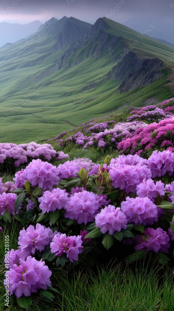 Obraz premium Sunrise reveals mountains with lush grass and blooming rhododendron flowers, while clouds linger in the valleys below