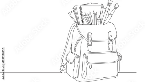 A line drawing of a backpack filled with school supplies and art materials