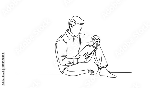 Continuous one line drawing man reading book relaxed lifestyle vector illustration isolated on white background