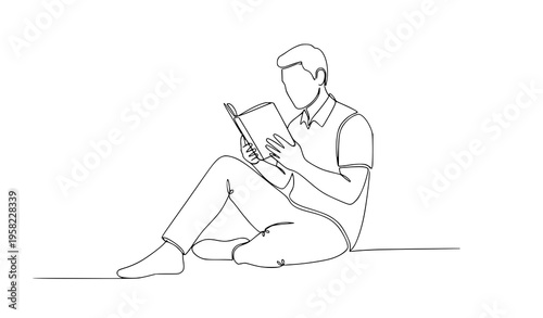 Minimal continuous line art man reading book sitting relaxed lifestyle vector illustration isolated on white background