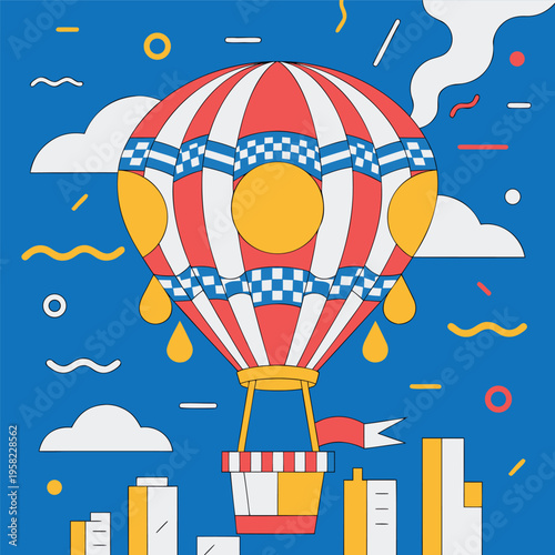 Flat vector illustration of colorful hot air balloon flying in the sky with clouds,