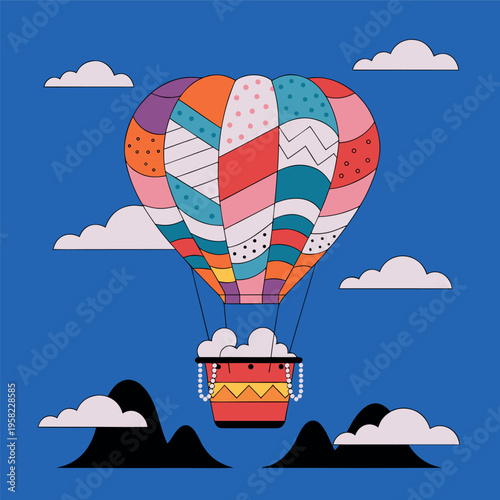 Flat vector illustration of colorful hot air balloon flying in the sky with clouds,